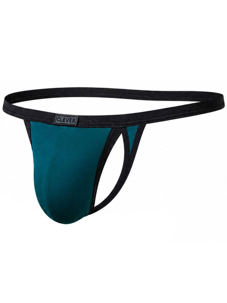 Clever Moda petrol blue men's sleek thong with black trim, cutout sides, and a branded waistband tag.