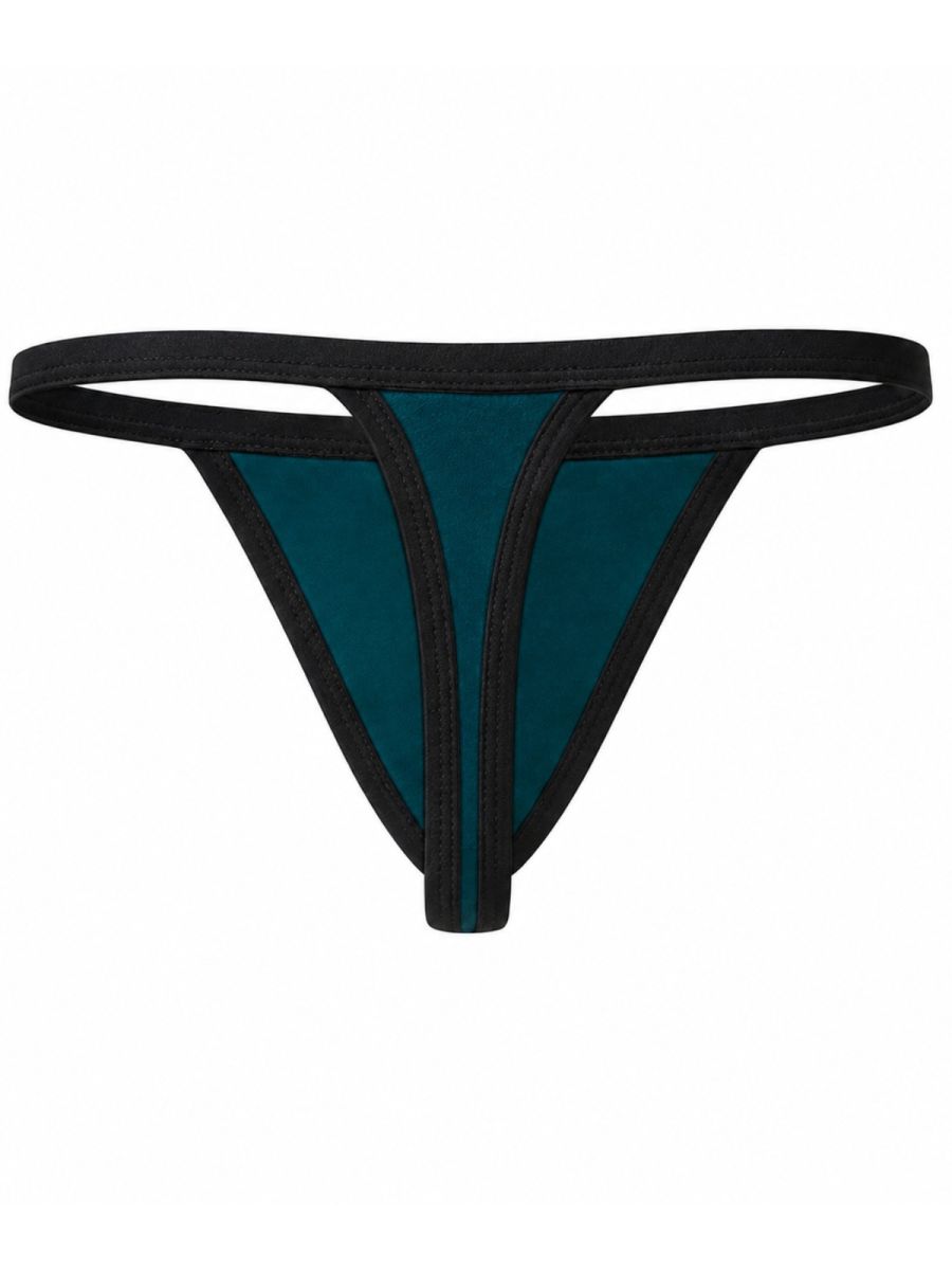 Clever Moda men's petrol blue thong with contrasting black trim and structural front seams.