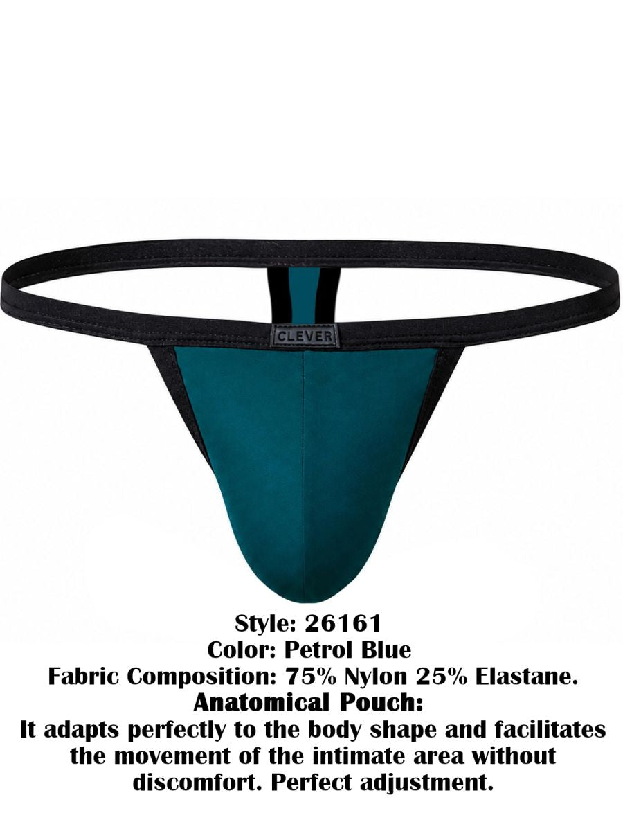 Clever Moda Boreas sleek thong in petrol blue with contrasting black trim and a branded waistband label.