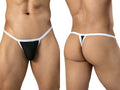 Clever Moda black men's thong underwear with contrasting white trim and waistband.