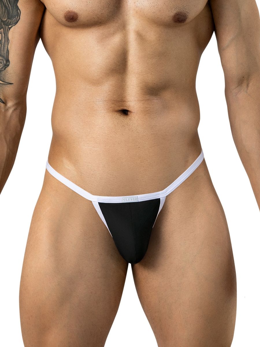 Clever Moda black thong for men with contrasting white trim and thin waistband.