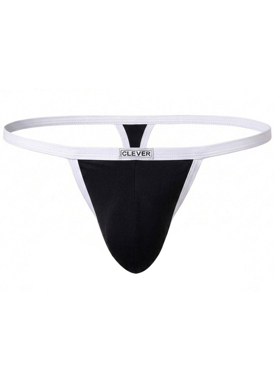 Clever Moda black thong with contrasting white trim, thin waistband, and a branded logo patch on the front.