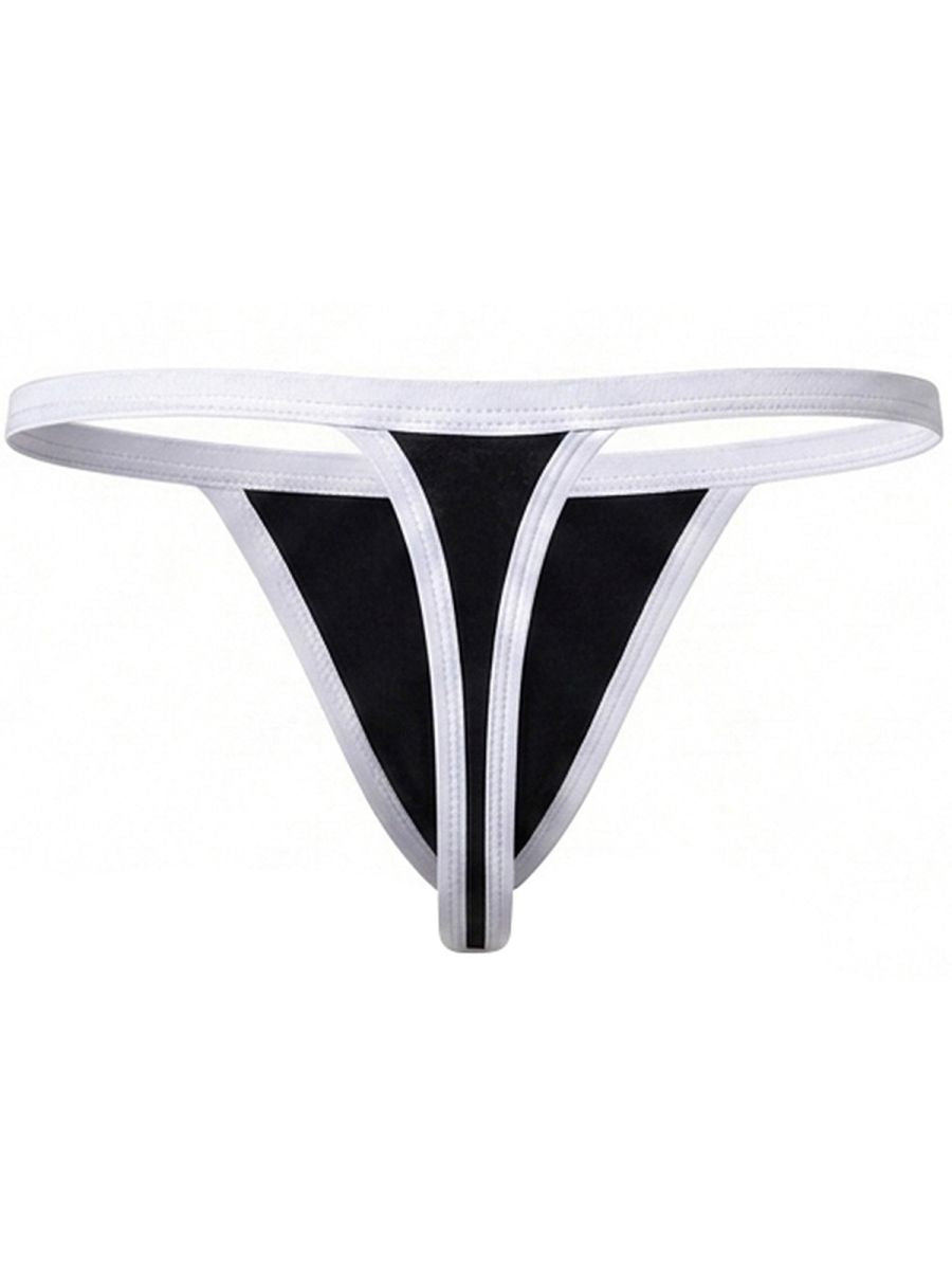 Clever Moda Boreas men's thong in black with contrasting white trim and dual front straps.