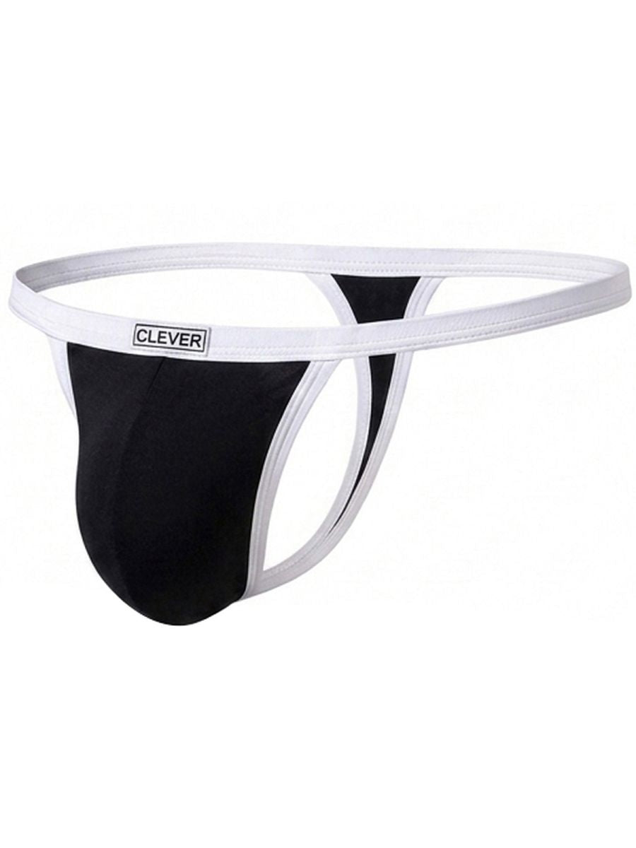 Clever Moda black Boreas thong with white trim and waistband featuring a "CLEVER" logo patch.