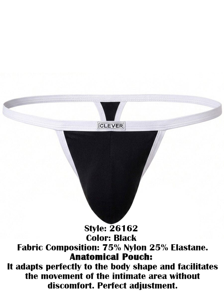 Clever Moda black thong with contrasting white trim, narrow waistband, and centered branded logo tag.