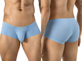Clever Moda light blue Cronos trunks with a textured ribbed fabric and front logo tag, shown front and back.