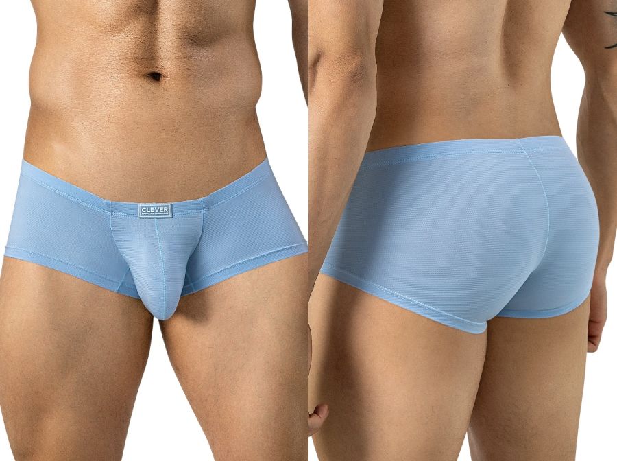 Clever Moda light blue Cronos trunks with a textured ribbed fabric and front logo tag, shown front and back.