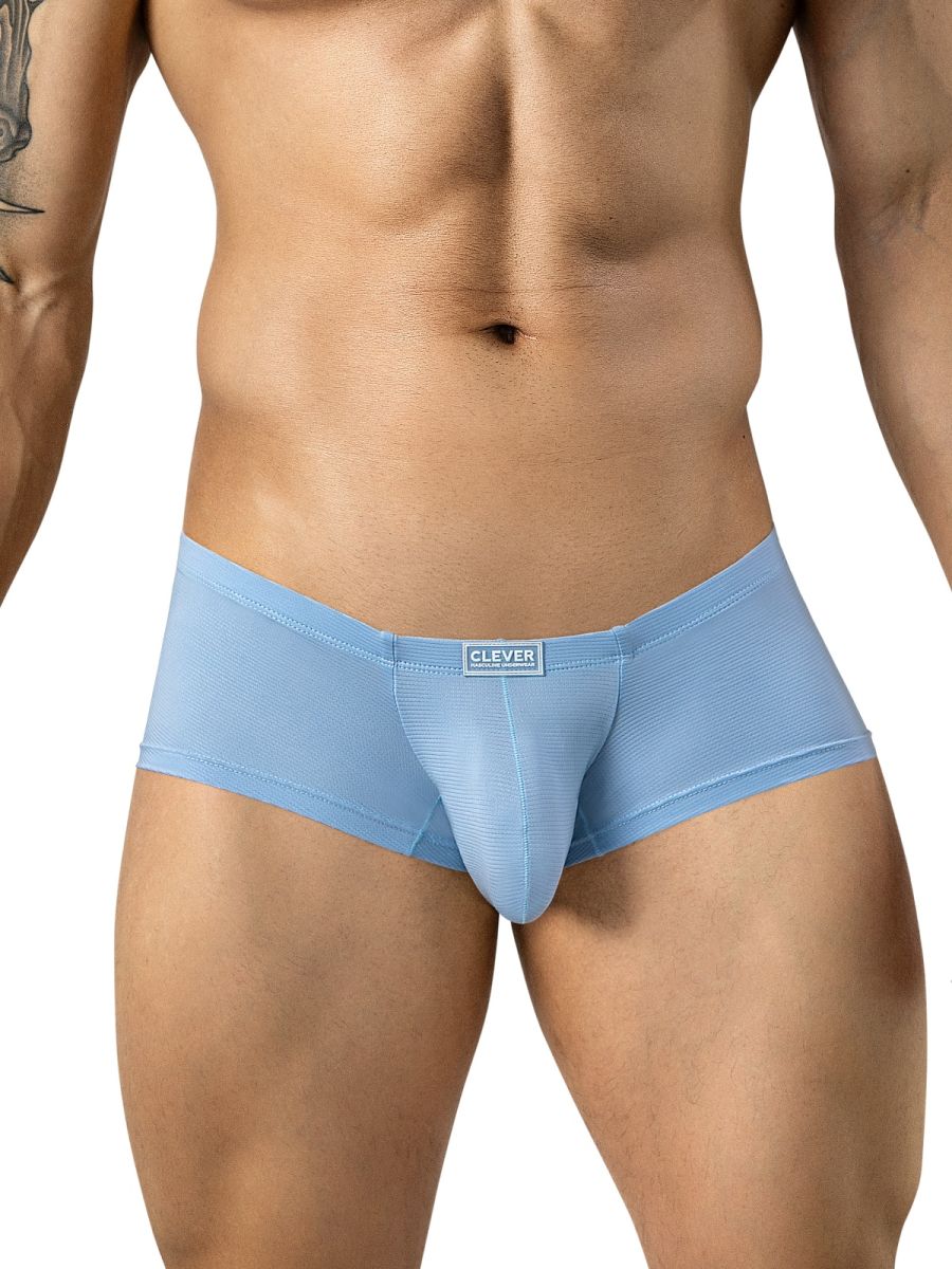 Clever Moda light blue Cronos trunks with ribbed texture, contoured pouch, and center logo tag.