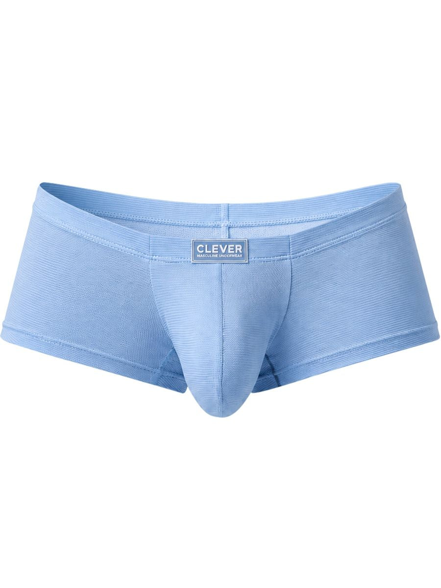 Light blue Clever Moda Cronos trunks featuring ribbed fabric, a contoured pouch, and a branded waistband label.