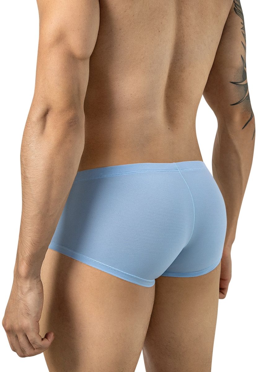 Clever Moda light blue Cronos trunks featuring a ribbed texture, form-fitting silhouette, and rear seam detail.