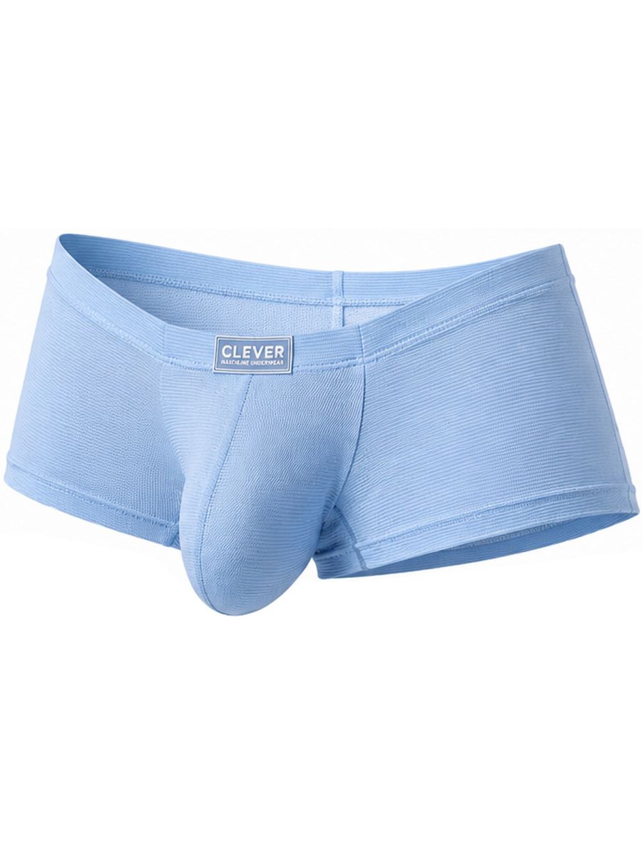 Clever Moda light blue Cronos trunks featuring ribbed fabric, a contour pouch, and a centered logo patch.