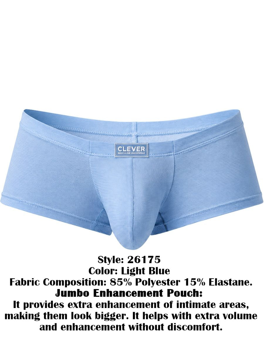 Clever Moda light blue Cronos trunks featuring a textured fabric, contoured enhancement pouch, and centered brand logo.