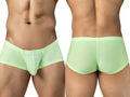Clever Moda neon green Cronos trunks in breathable mesh, featuring a supportive contoured pouch and logo label.