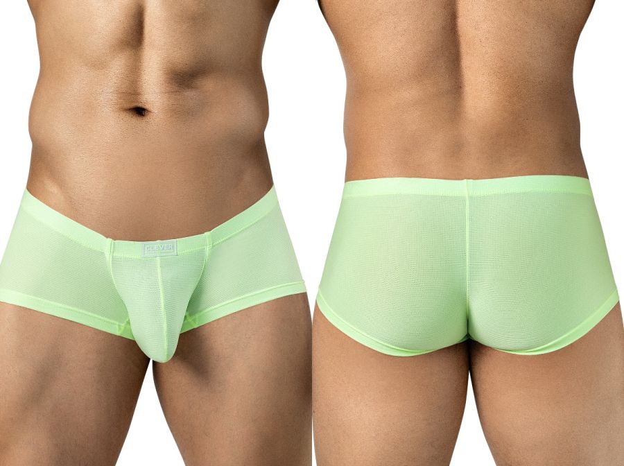 Clever Moda neon green Cronos trunks in breathable mesh, featuring a supportive contoured pouch and logo label.