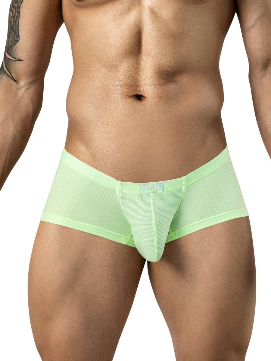 Clever Moda neon green Cronos trunks with mesh fabric, a low-rise fit, and a center logo tag.