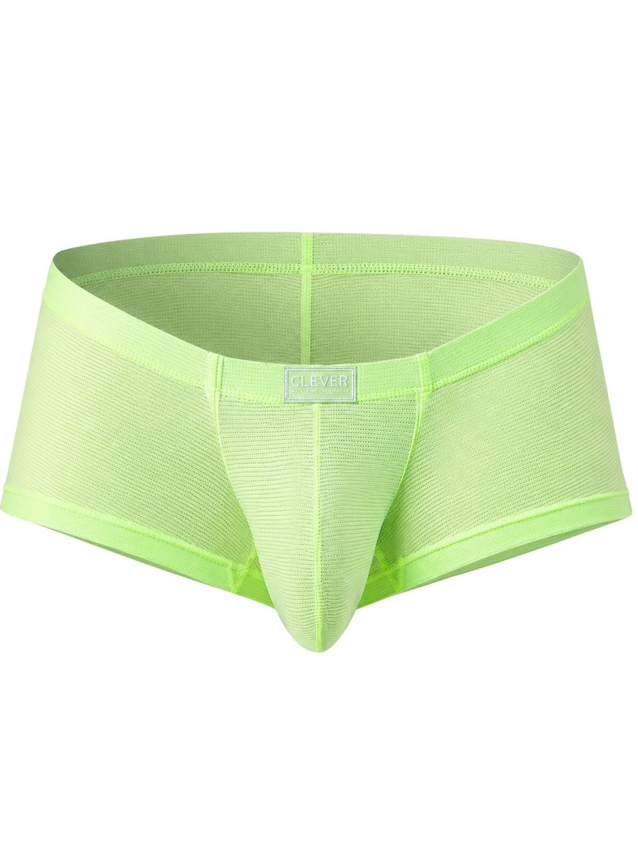 Clever Moda neon green Cronos trunks with mesh texture and center waistband logo patch.