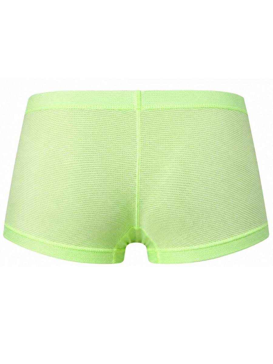 Clever Moda Cronos men's neon green trunks viewed from the back, featuring a textured knit fabric and wide waistband.