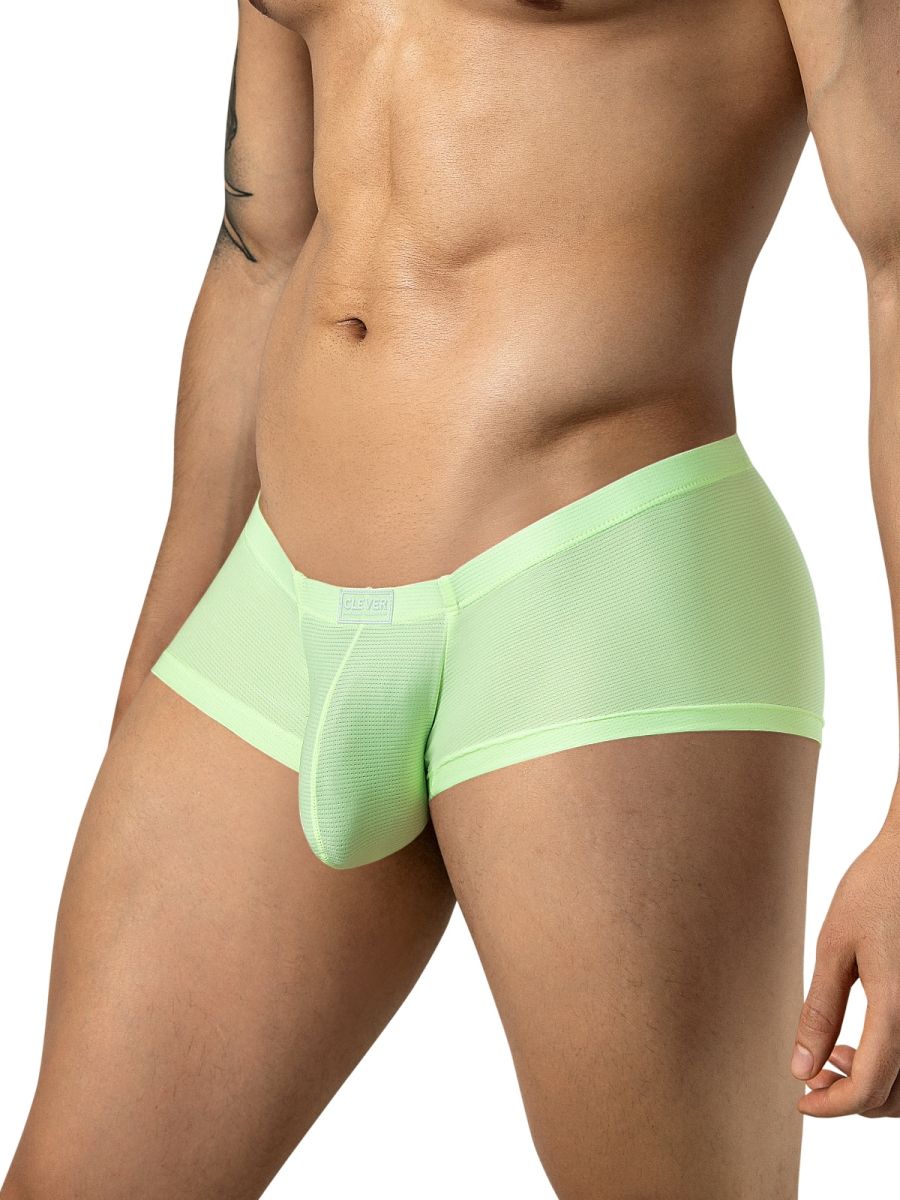 Clever Moda Cronos neon green mesh low-rise boxer brief trunks with a branded front waistband tag.