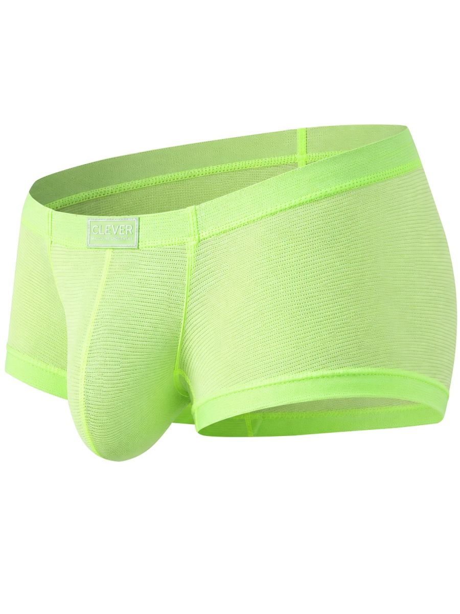 Clever Moda neon green Cronos trunks with mesh fabric, a wide waistband, and a front logo patch.