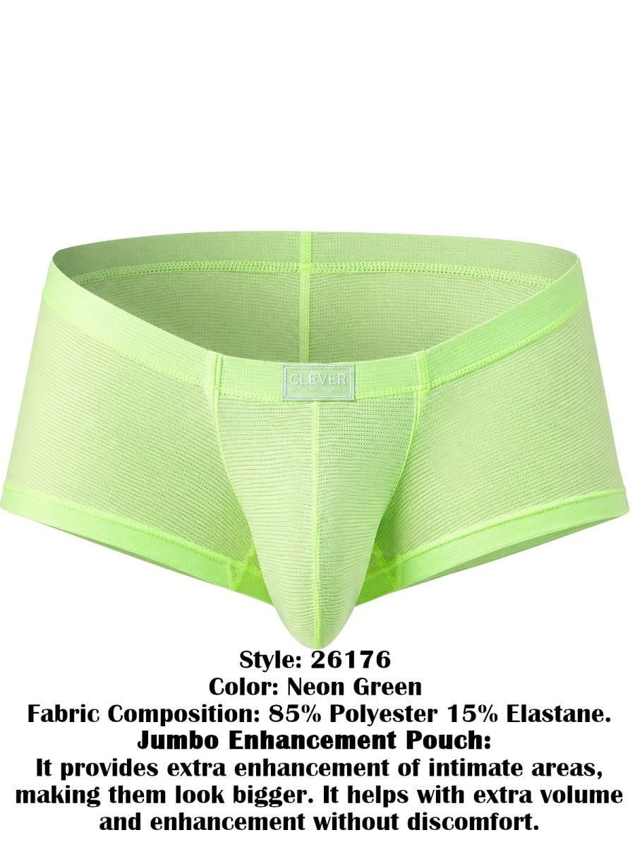 Clever Moda Cronos neon green trunk underwear with a contoured enhancement pouch and branded waistband label.