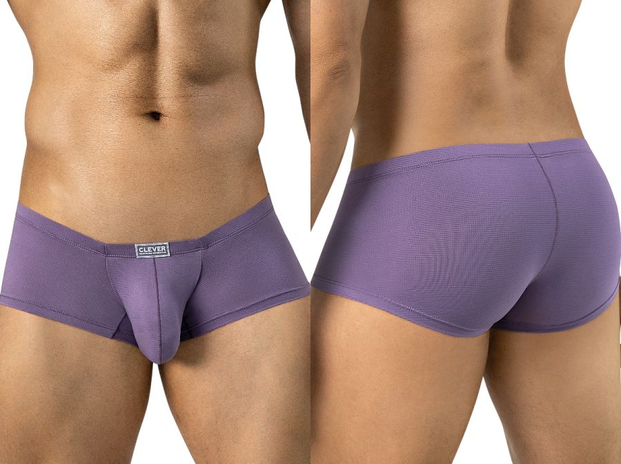 Lilac men's trunks with a contoured pouch, textured fabric, and a small front logo tag.