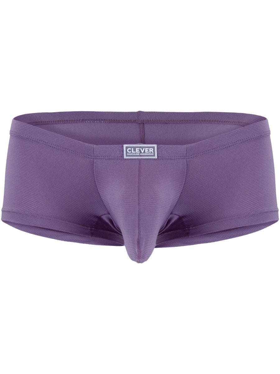 Lilac Clever Cronos trunks featuring structured contour pouch, textured fabric, and center waistband logo.