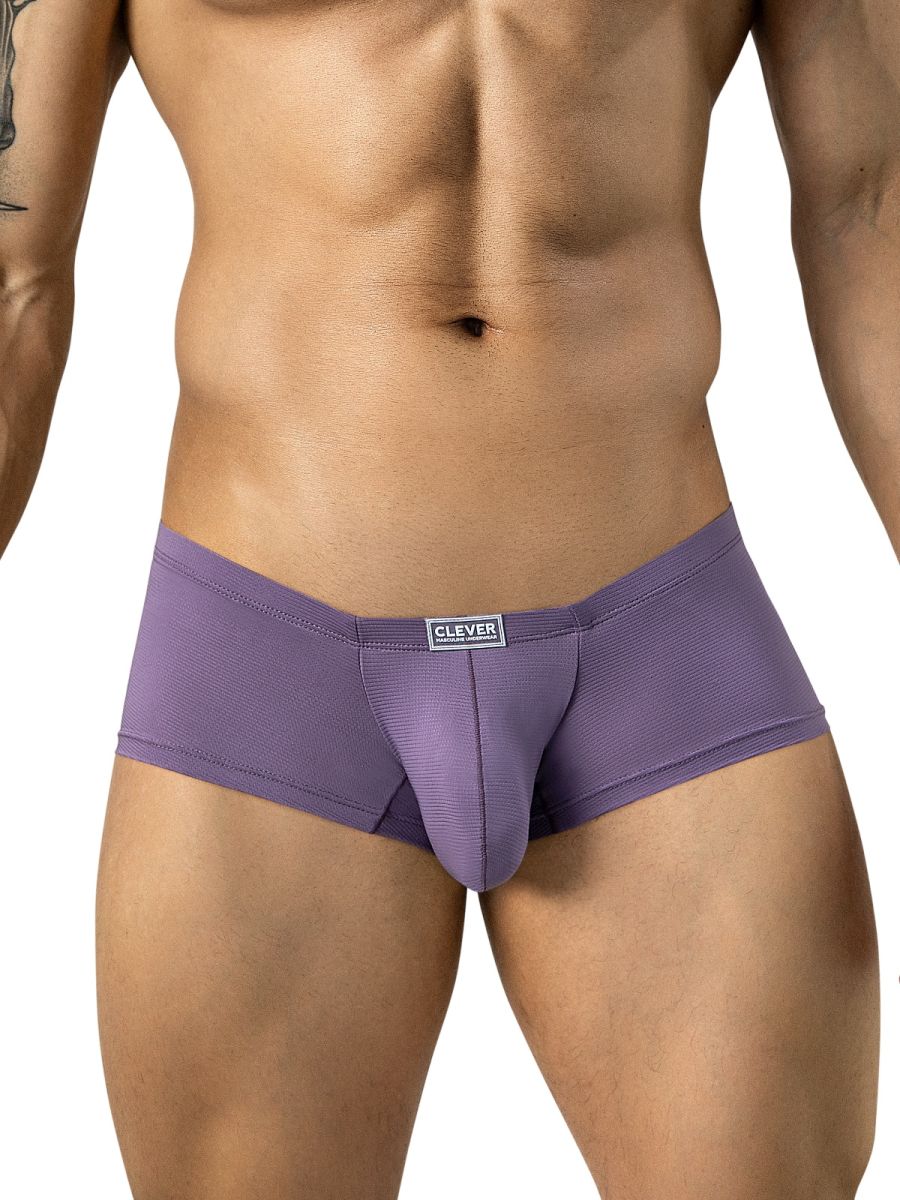 Clever Moda lilac Cronos trunks featuring a textured fabric, supportive contour pouch, and a centered logo patch.