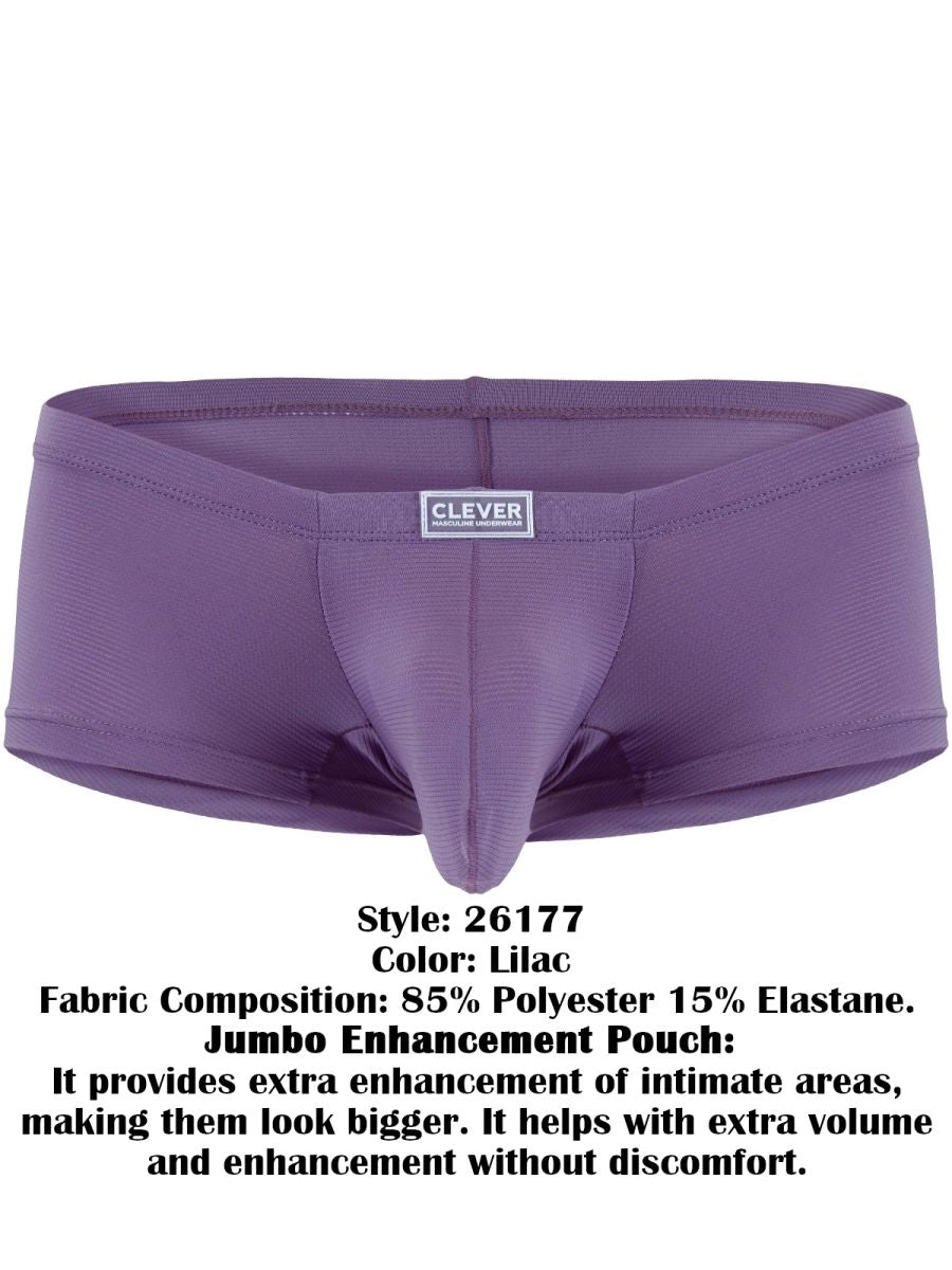 Clever Moda lilac trunks with a prominent enhancement pouch and a centered branded waistband label.