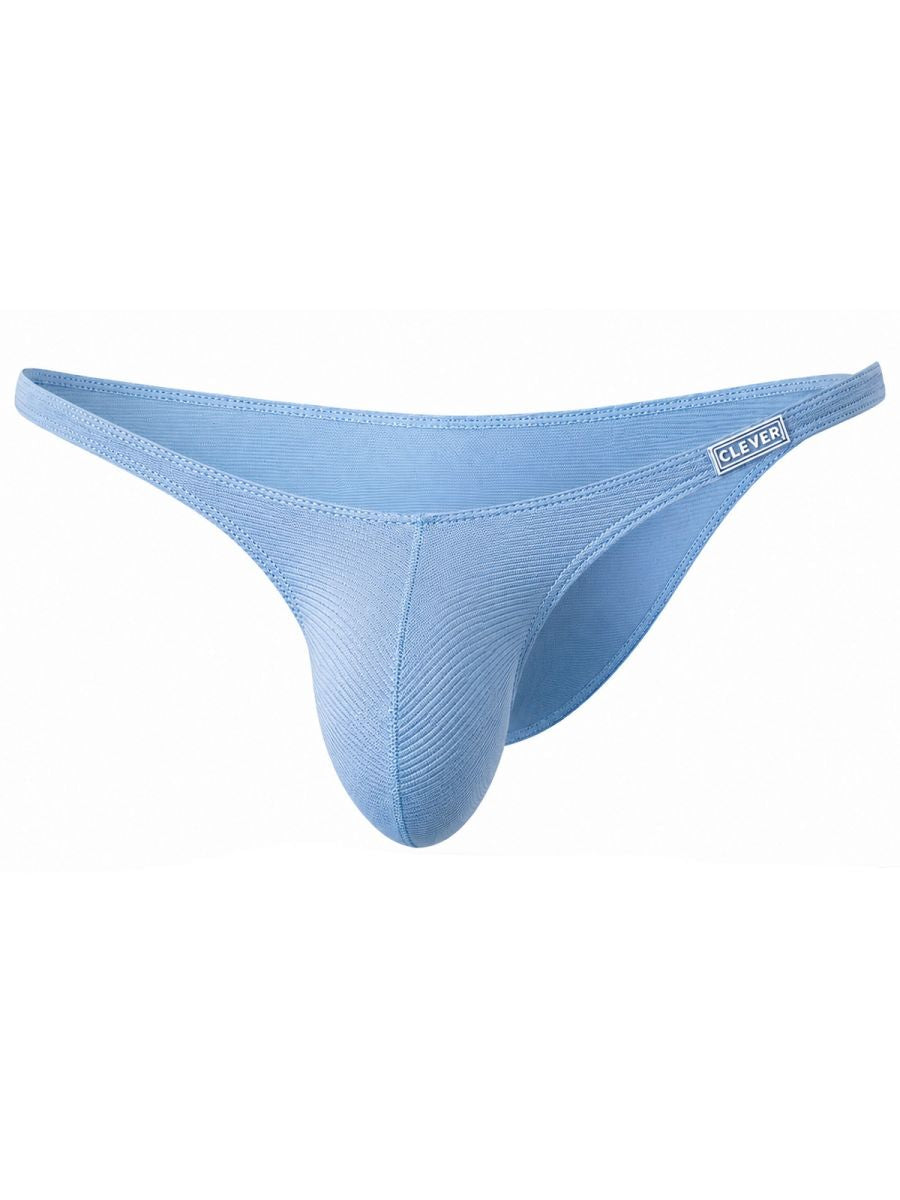 Clever Moda light blue Cronos brief underwear with ribbed fabric, minimal coverage, and a side logo label.