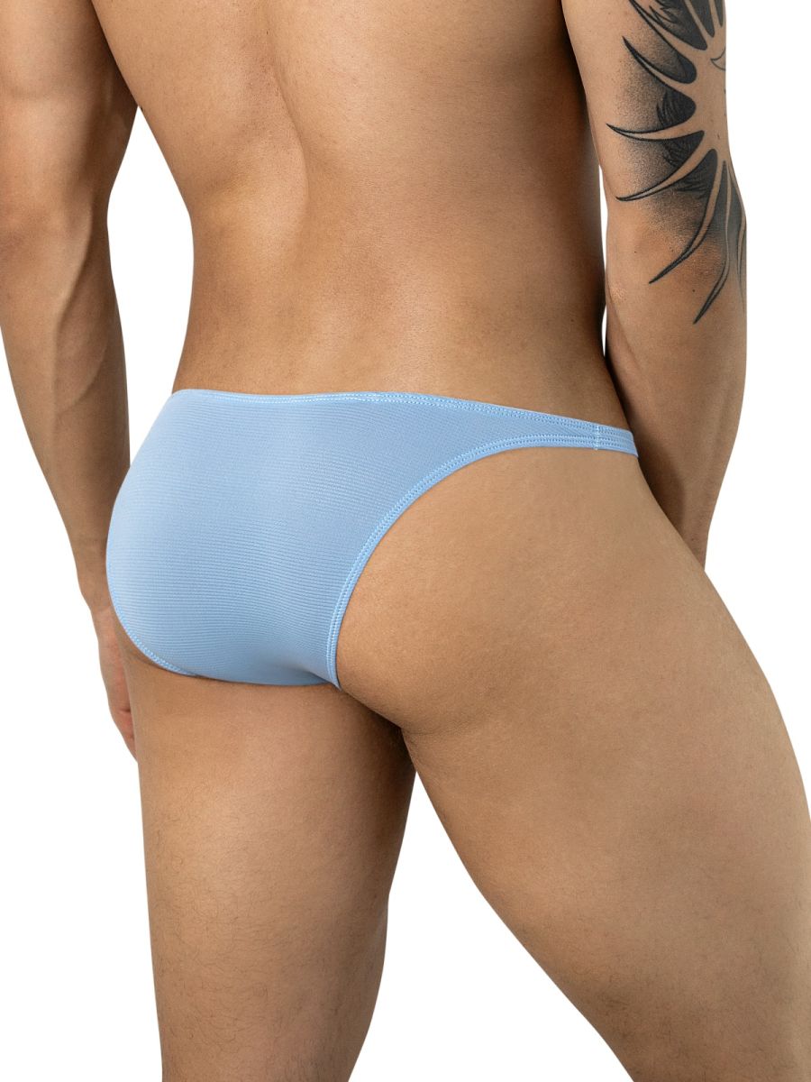 Light blue men's brief underwear featuring a low-rise fit and textured ribbed fabric, viewed from behind.