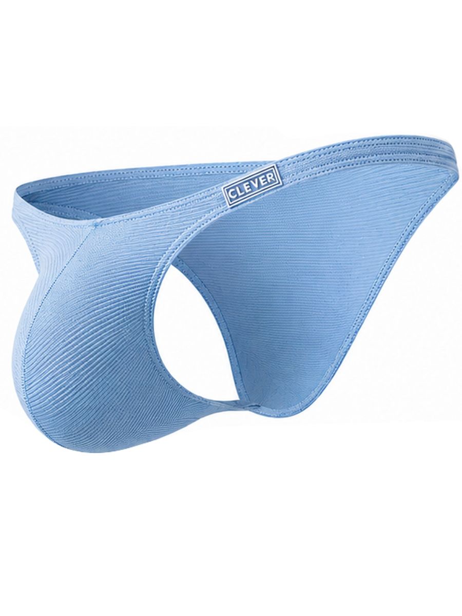 Light blue Clever Moda 26178 Cronos brief with ribbed texture and side cutout detail.