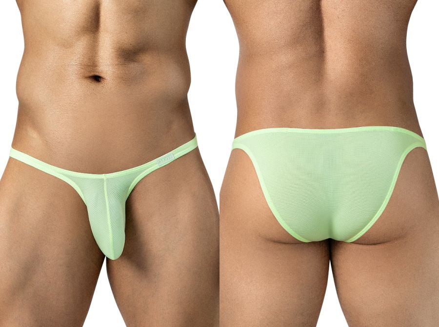 Clever Moda Cronos men's neon green briefs with ultra-low rise fit and thin side straps, front and back views.