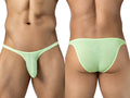 Clever Moda Cronos men's neon green briefs with ultra-low rise fit and thin side straps, front and back views.