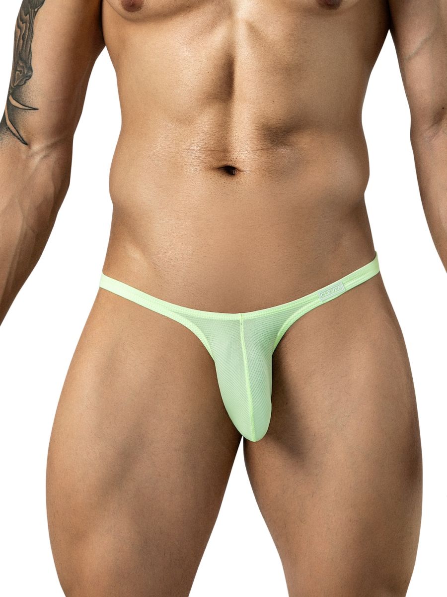 Clever Moda Cronos men's neon green micro briefs with ultra-thin waistband and sheer mesh fabric.