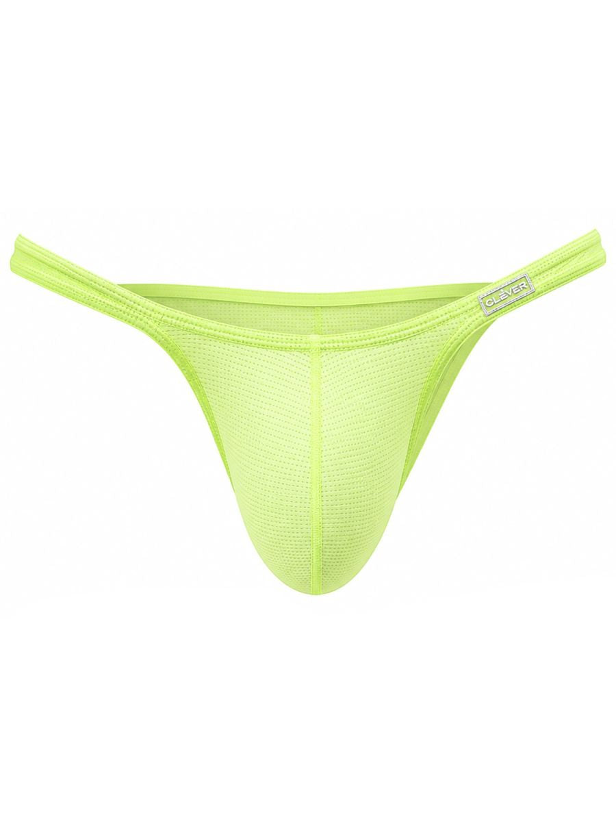 Neon green Clever Moda Cronos men's briefs featuring thin sides and a small logo tag.