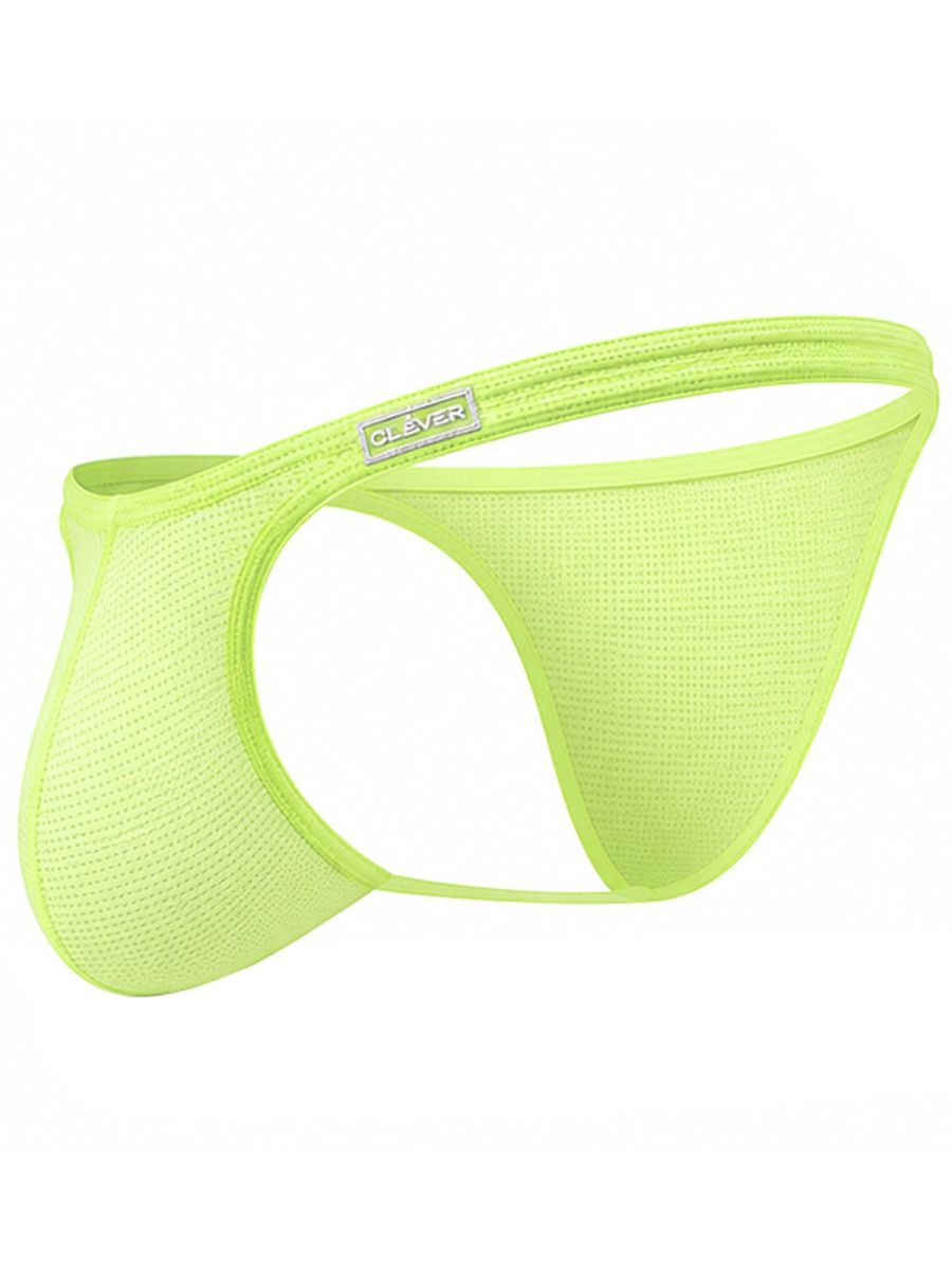 Clever Moda neon green Cronos brief style men's underwear with mesh fabric and a logo waistband.