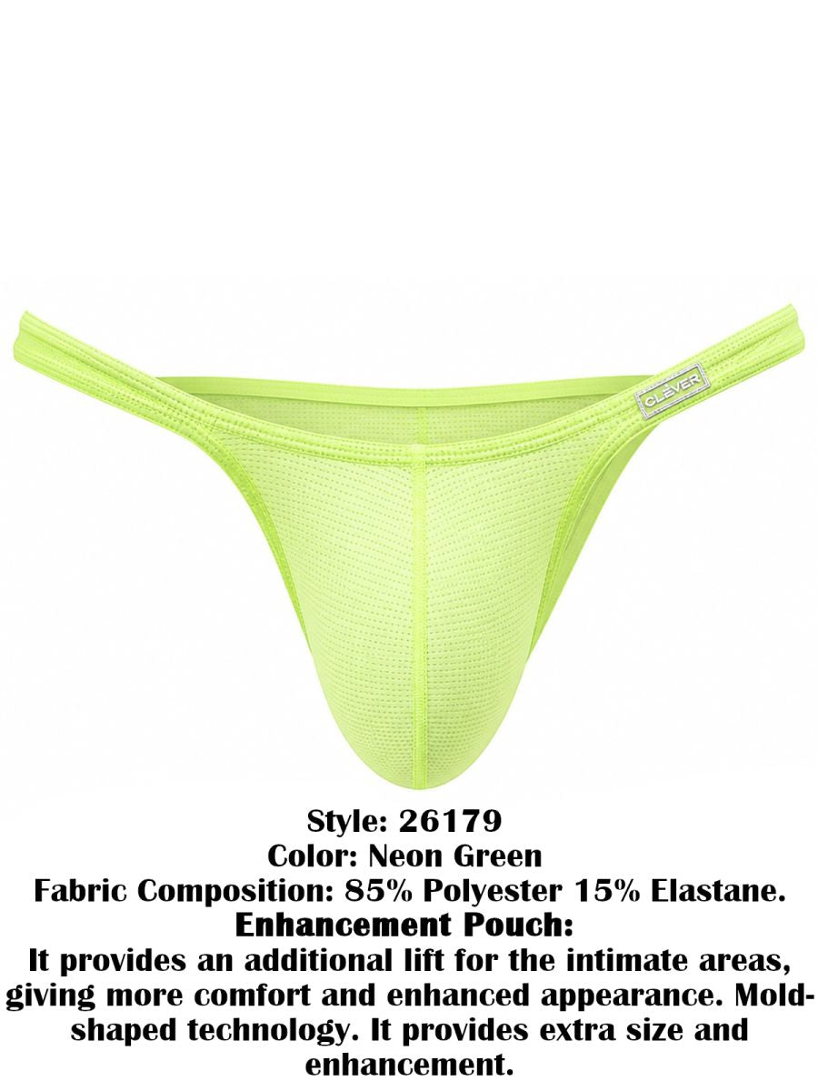 Clever Moda neon green Cronos brief featuring a contour pouch, mesh fabric, and a branded side tag.