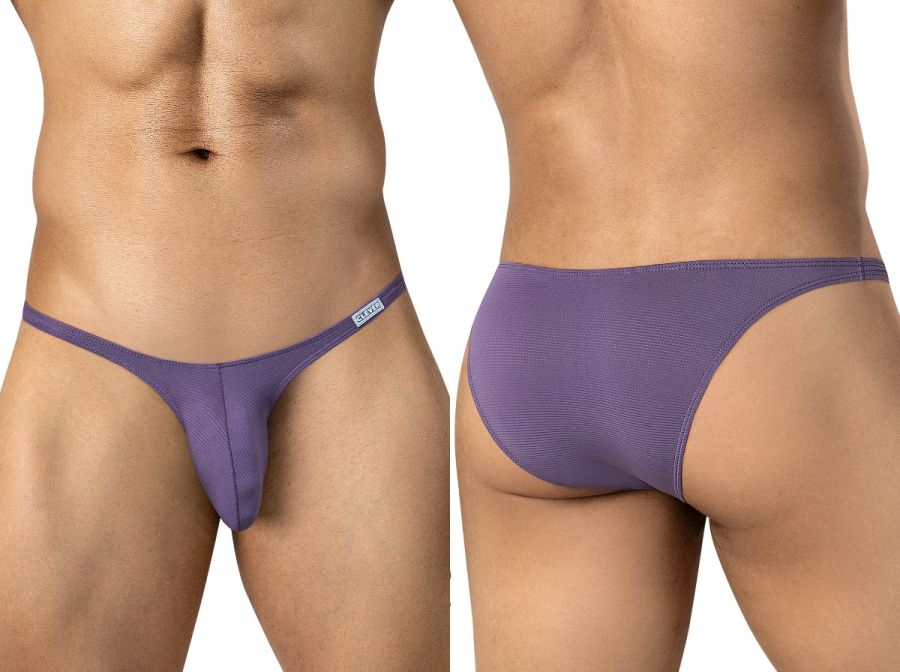 Clever Moda lilac Cronos men's briefs with minimal coverage, ultra-thin side straps, and textured fabric.