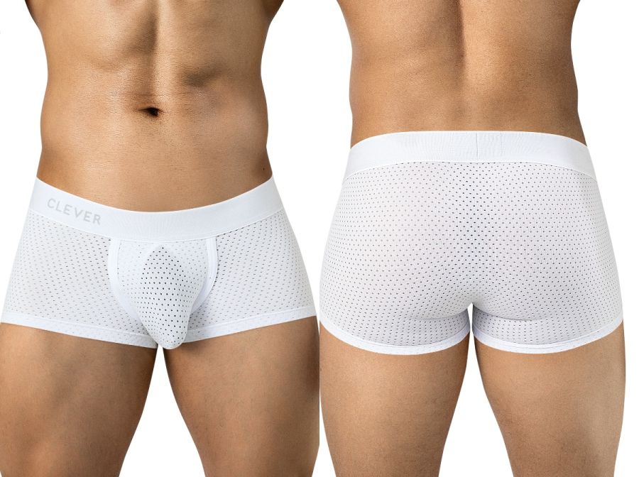 Clever Moda white Ulises trunks for men, featuring perforated mesh fabric, a contour pouch, and a logo waistband.