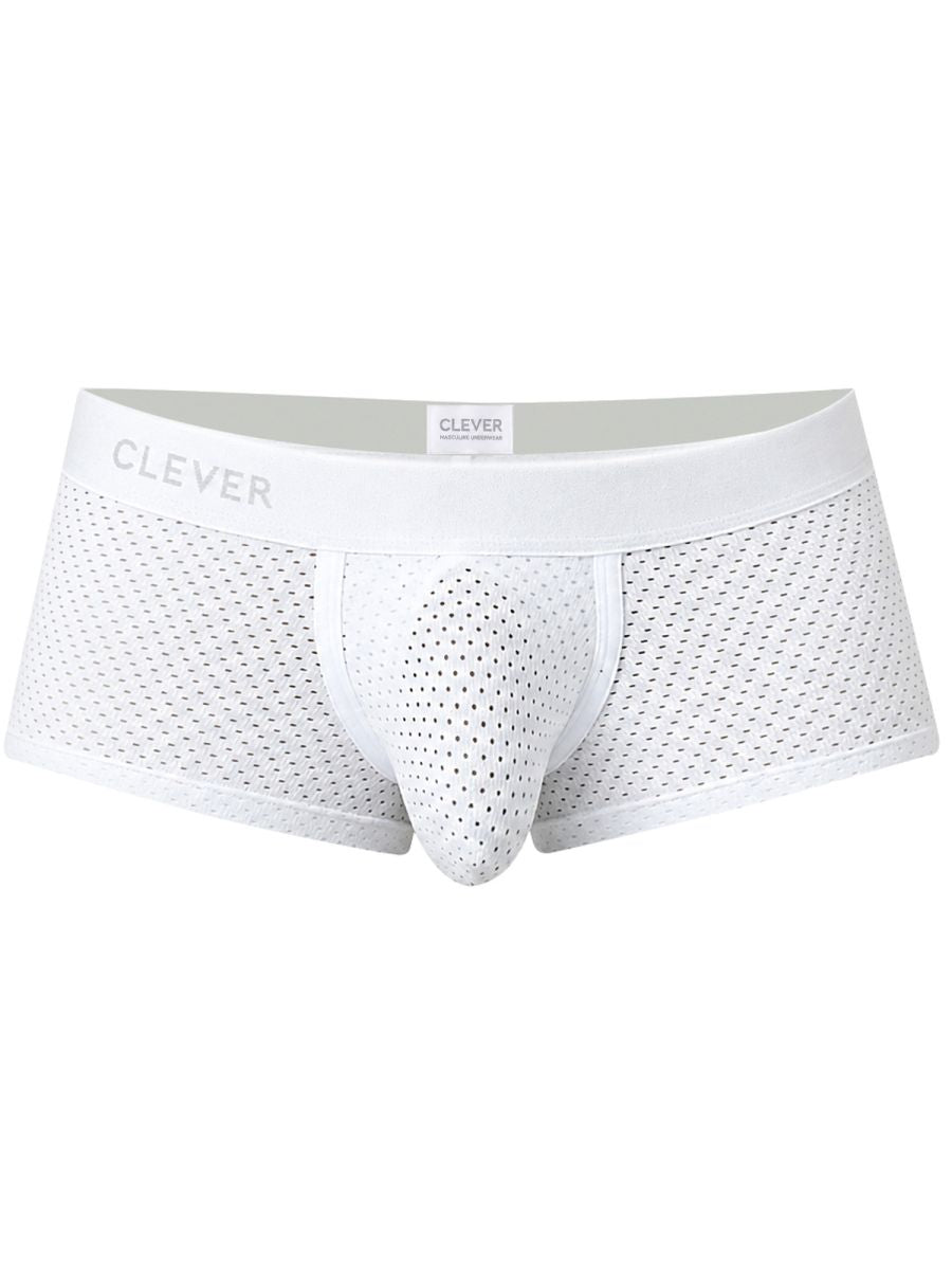 Clever Moda 26181 white Ulises trunks with mesh fabric and logo waistband.