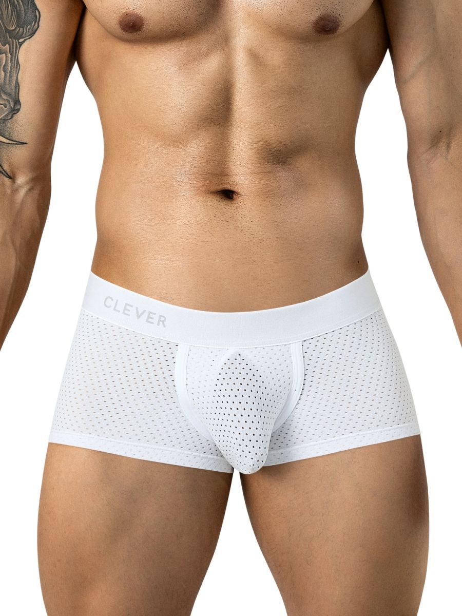 Clever Moda white Ulises trunks featuring breathable mesh fabric and a branded elastic waistband.