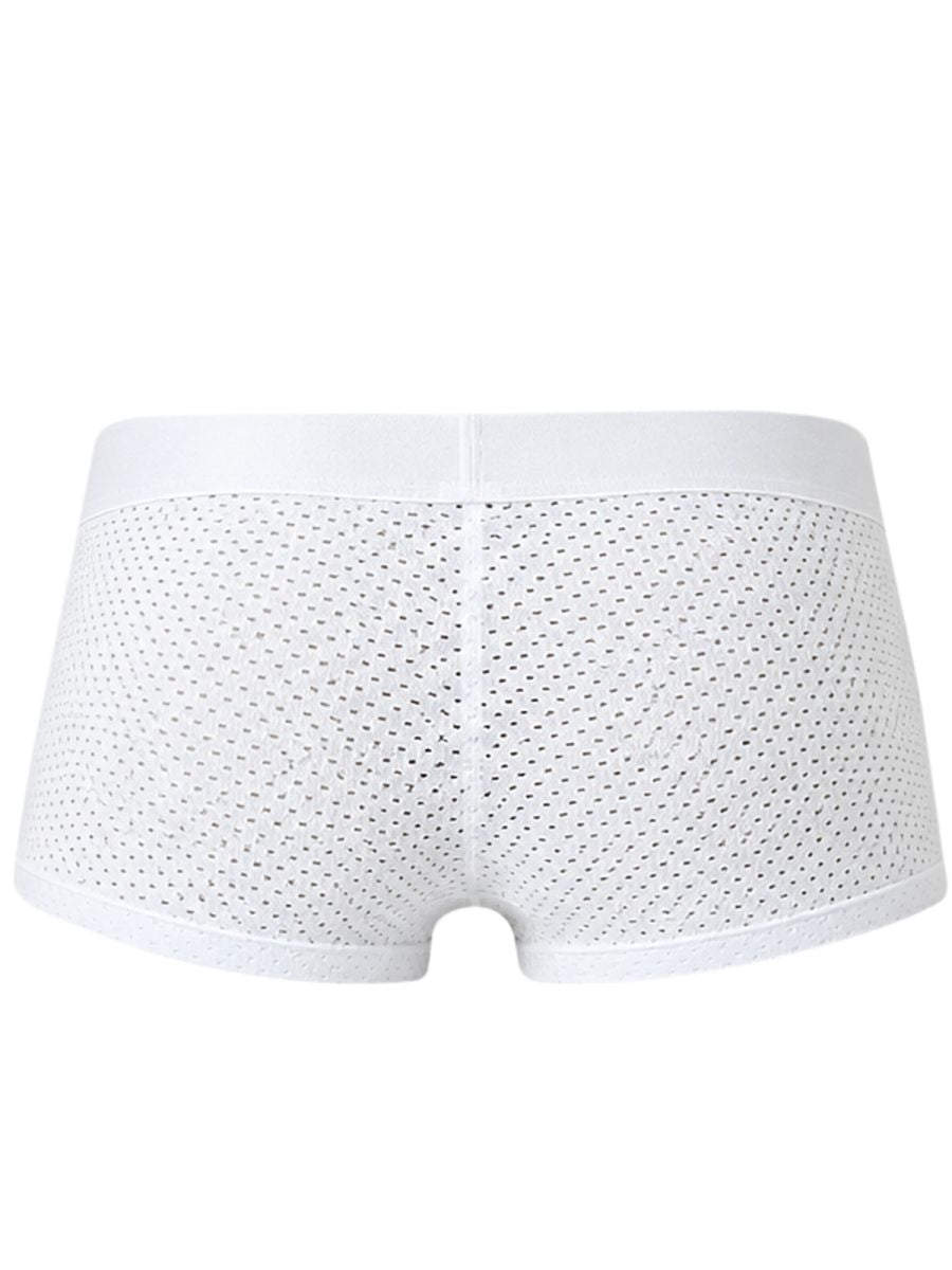Clever Moda white Ulises trunks with perforated mesh fabric and a thick waistband, back view.
