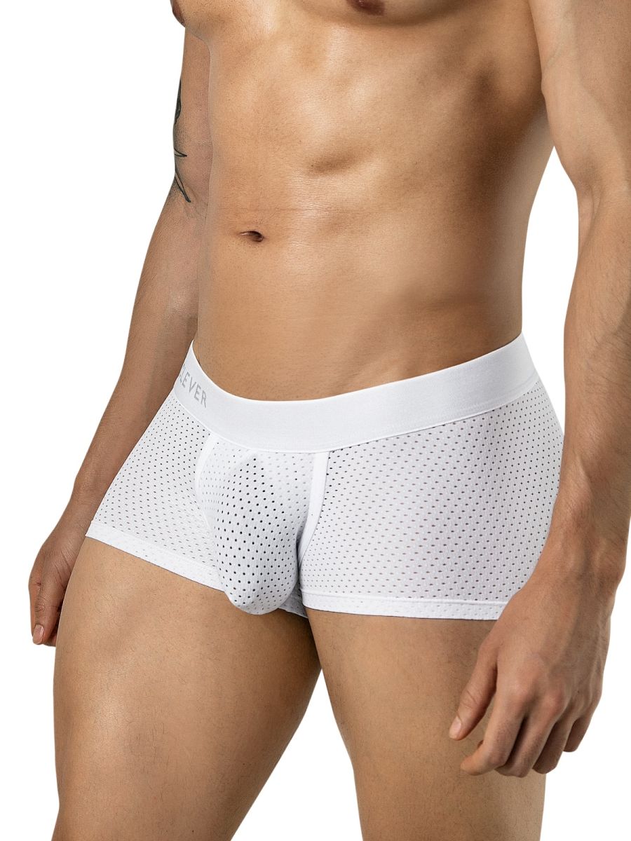 Clever Moda white mesh trunk underwear with a contoured pouch and wide branded waistband.