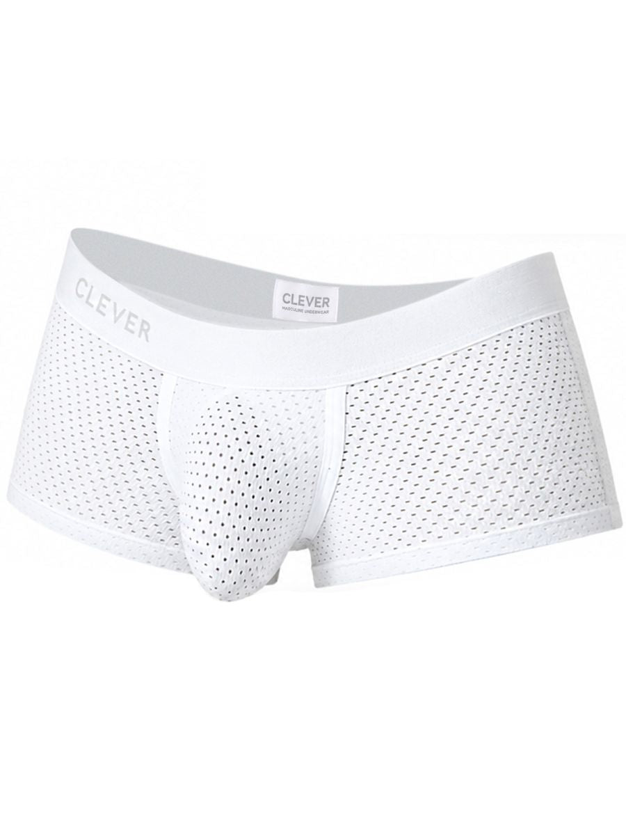 Clever Moda white Ulises trunks with mesh fabric, supportive contoured pouch, and branded elastic waistband.