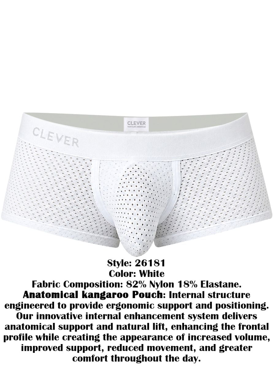 Clever Moda white Ulises trunks featuring breathable mesh fabric, an anatomical contour pouch, and a branded waistband.