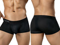 Clever Moda black Ulises trunks with perforated mesh fabric and branded waistband, front and back view.