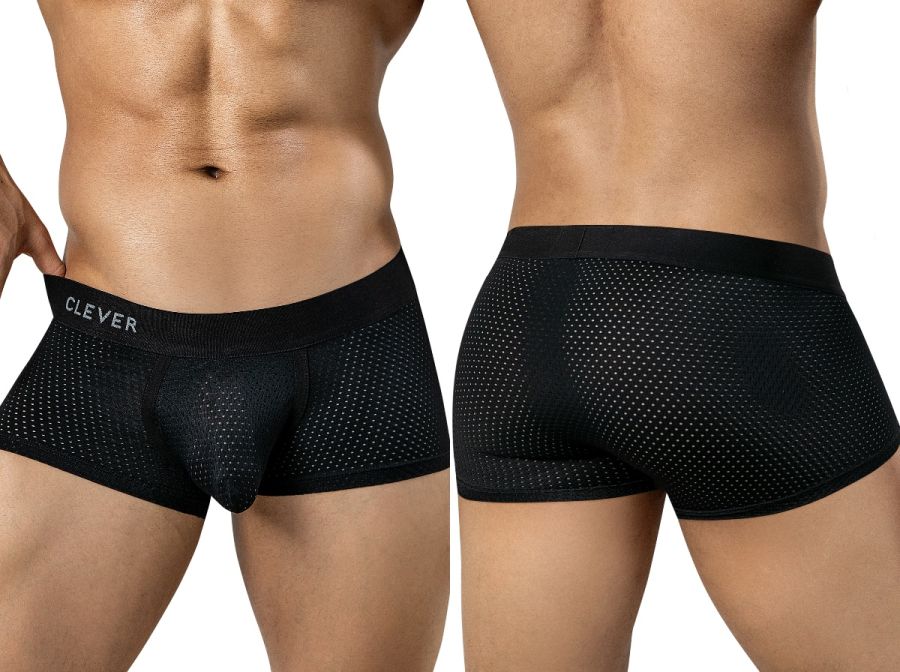 Clever Moda black Ulises trunks with perforated mesh fabric and branded waistband, front and back view.