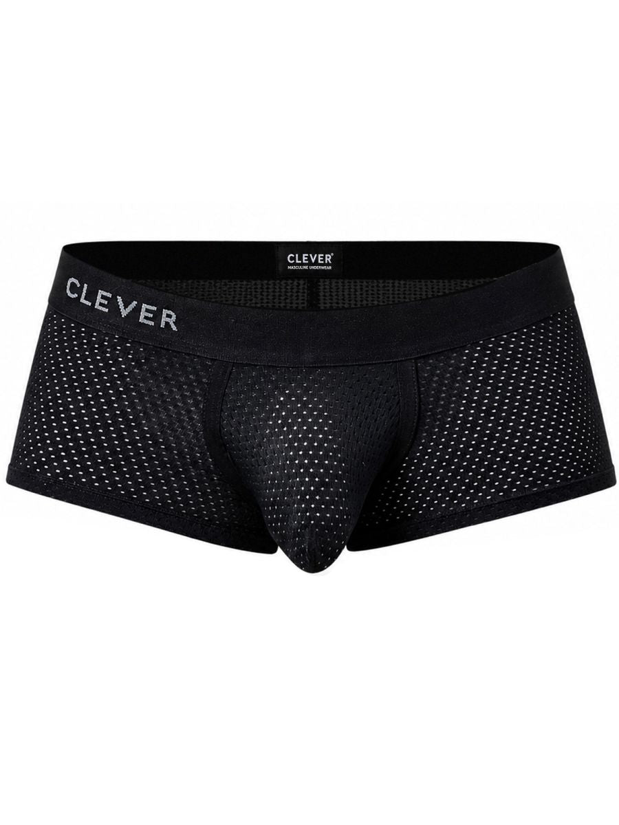 Clever Moda black mesh Ulises trunks with contoured pouch and branded elastic waistband.