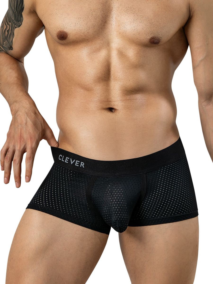 Clever Moda black mesh Ulises trunks with a supportive contour pouch and a branded elastic waistband.