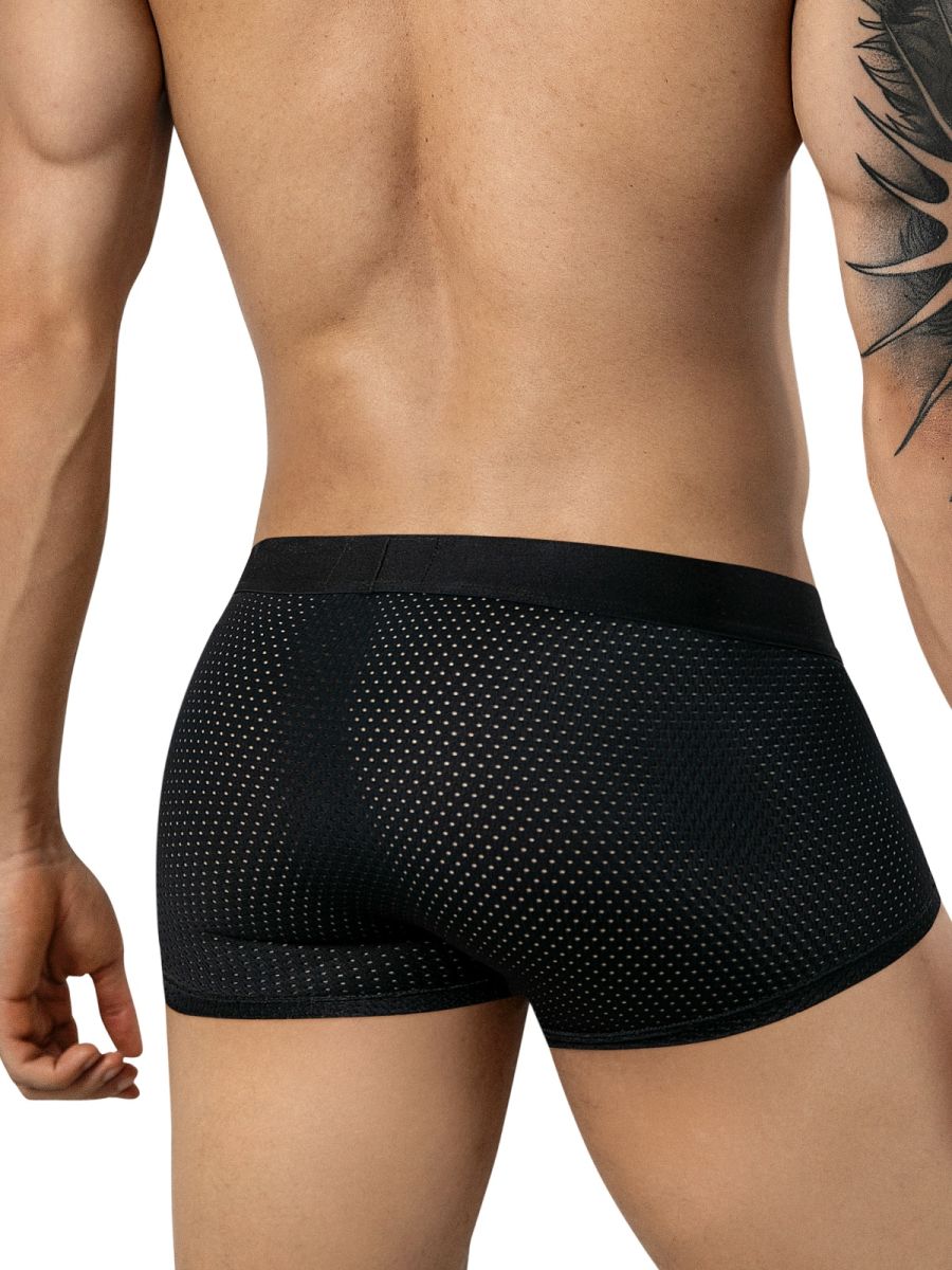 Black Clever Moda Ulises mesh trunks with a wide waistband, shown from the back.